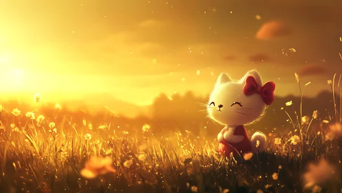 Backlit chibi cat character in golden hour field illumination