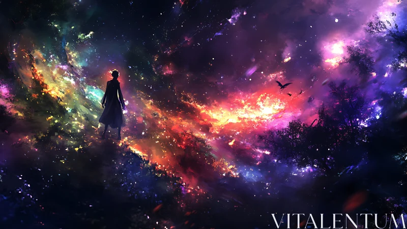 Silhouetted figure observing multicolored cosmic landscape.