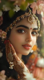 Bridal portrait with floral jewelry and intricate mehndi.
