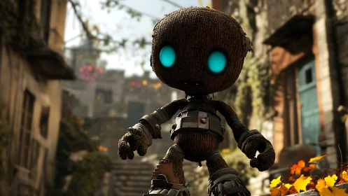 Small stitched robot with glowing eyes in worn city street.