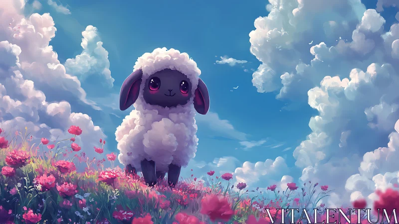 Fluffy lamb gazes over bright wildflower meadow under sky.
