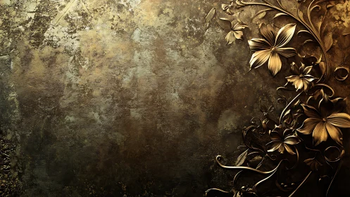 Metallic floral relief on textured dark gold background.