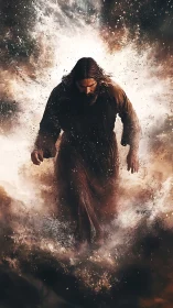 Radiant robed figure walks forward through swirling storm light