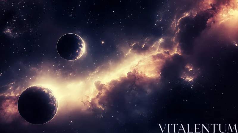 Twin shadowed planets orbit glowing galactic nebula stream