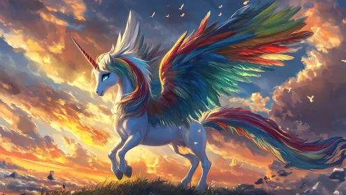 Prismatic winged unicorn strides across a radiant sunset sky