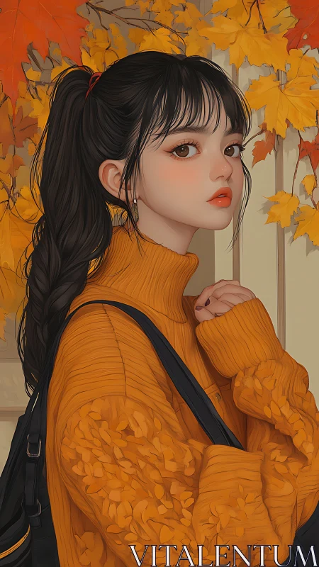 Autumn portrait of girl in orange sweater and leaves.
