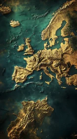 Gilded Europe rising from teal seas in sculpted relief.