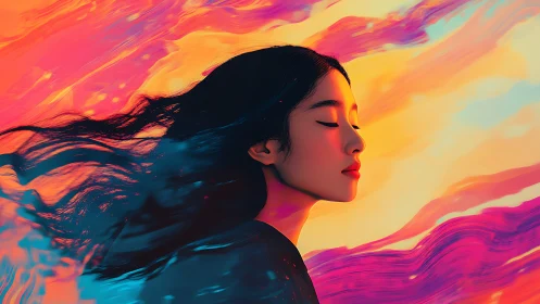 Dreamy portrait drifting through glowing sunset colors.