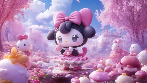 Kawaii cat friends wander a dreamy pink cherry blossom valley