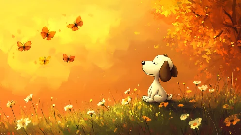 Cartoon puppy meditates in warm autumn meadow with drifting butterflies