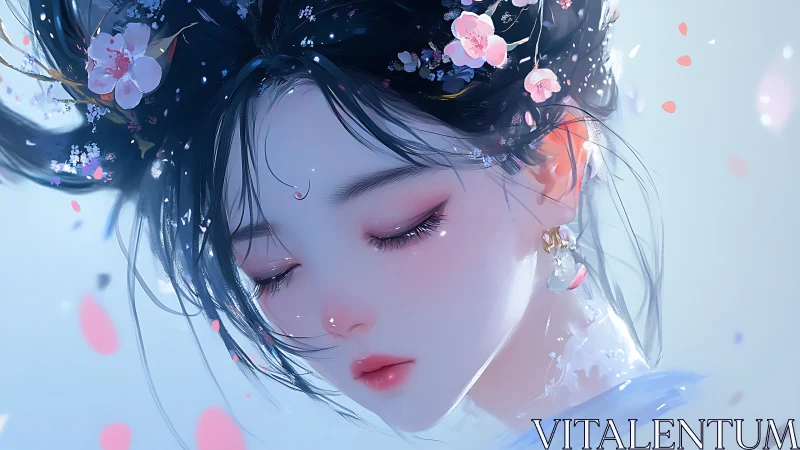 Digital anime portrait with floral adornment and soft gradients.