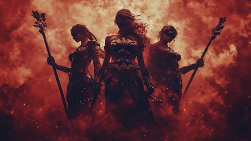 Digital painting of three warrior priestesses in red haze.