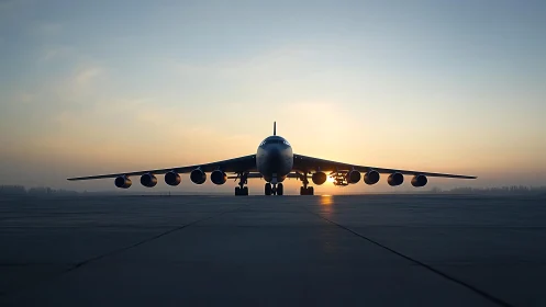Colossal jetliner greets the rising sun on a silent runway.