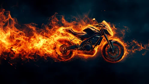 Motorcycle engulfed in blazing flames against dark void.