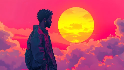 Silhouetted figure in jacket against saturated neon sunset sky