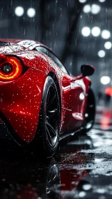 Red supercar tail in neon city rain at night street scene.