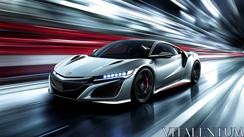 Silver supercar streaks through neon velocity tunnel at night.