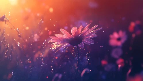 Glowing Daisy Field at Sunset with Luminous Particles