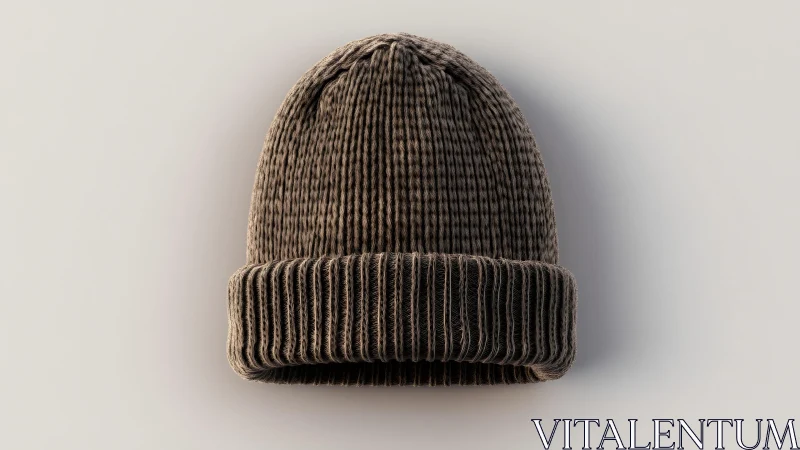 Cozy brown knitted beanie hat on minimalist light background.