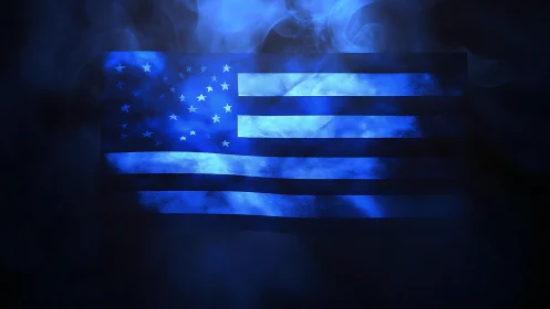 Midnight blue flag drifts through smoke and quiet light