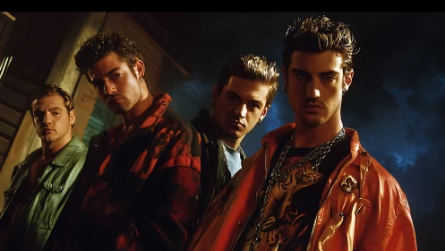 Four young men stand in stylized urban lighting and pose