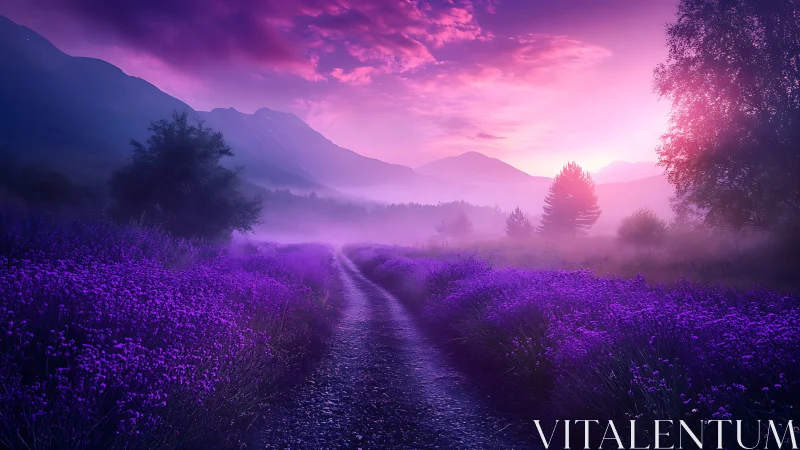 Mountain path cuts through dense purple flowers at sunset