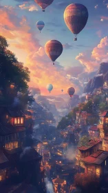 Hot air lanterns drift above a twilight canyon city