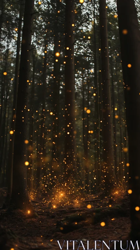 Enchanted Forest Path: Bokeh Light Orbs Through Dense Coniferous Canopy