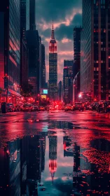 Empire State Building dominates neon-lit wet city street