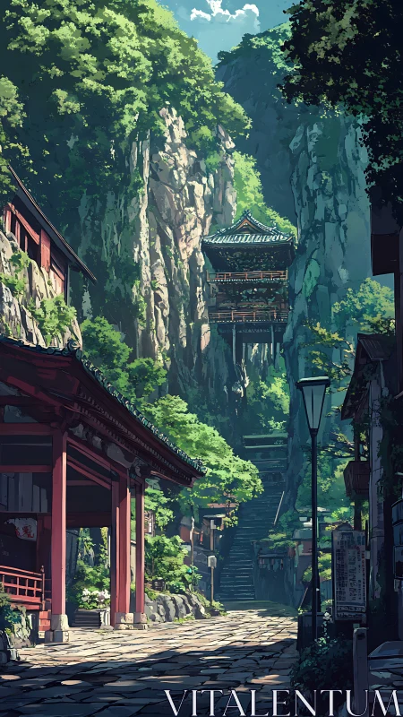 Sunlit mountain shrine street beneath towering cliffs.