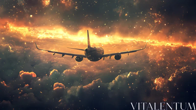 Passenger jet flying through fiery cosmic storm clouds.