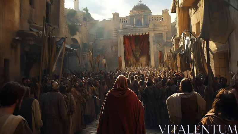 Cloaked wanderer meets roaring crowd in sunlit ancient court.