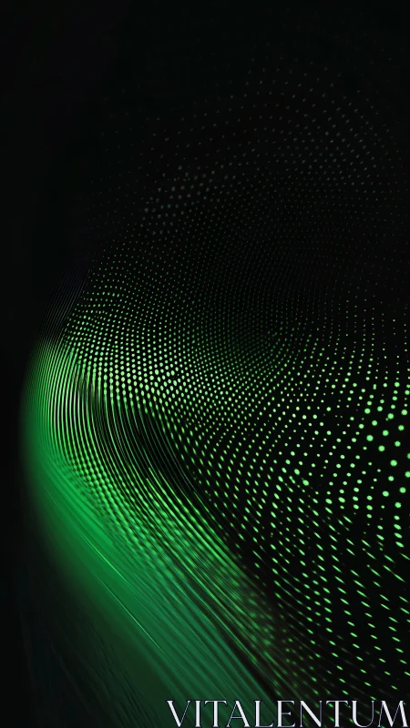 Green digital wave of dotted light curves through darkness.