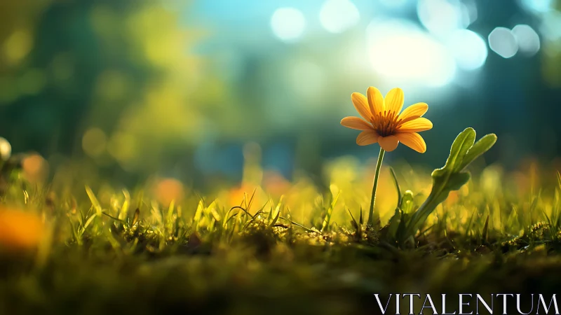 Sunlit yellow daisy rising from soft blurred meadow ground.