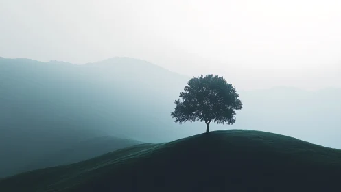 Minimalist lone tree on misty rolling hillside silhouette.