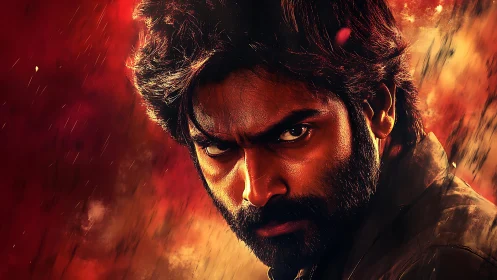 Smoldering rebel glare carved in molten cinematic fire.