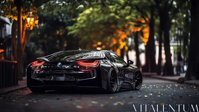 Black BMW i8 glows under warm city street tree canopy.
