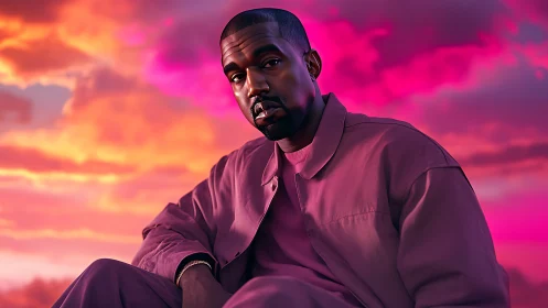 Digital portrait of man in pink coat under vivid sunset sky.