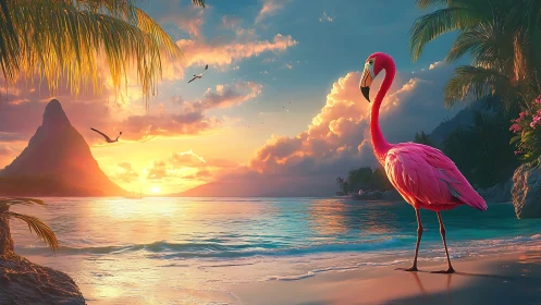 Pink flamingo stands on beach at tropical sunset with mountain backdrop.
