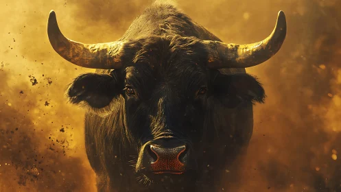 Charging black bull in golden dust with dramatic lighting.