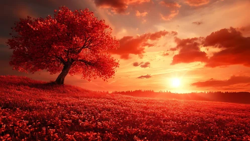 Scarlet sunset tree guarding a blazing crimson flower sea.