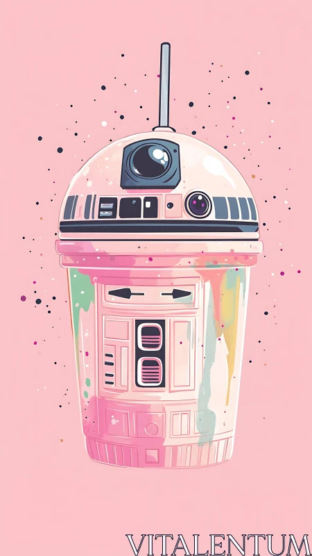 Pink robot illustration with pastel splashes on solid background.