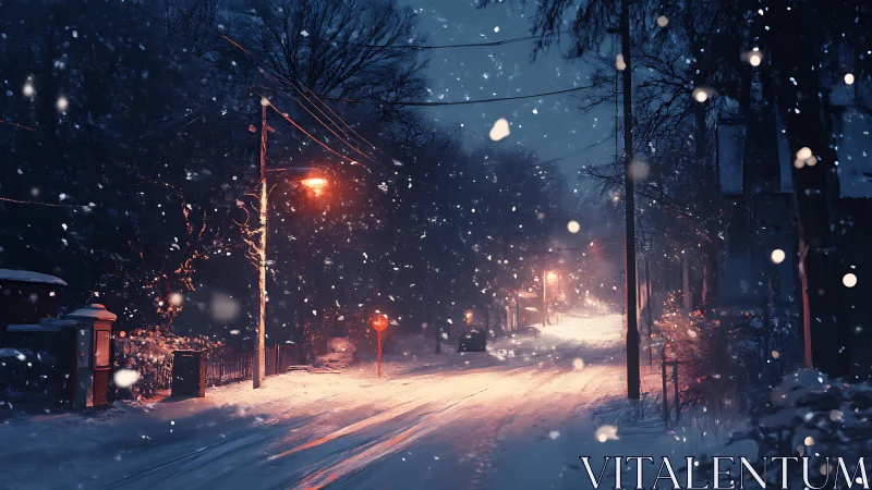 Snowfall on suburban street under sodium-vapor lamps at night