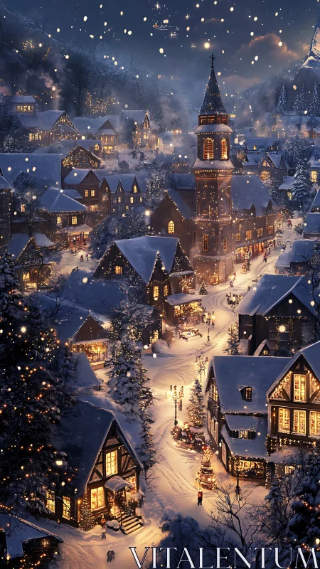 Nocturnal alpine village with illuminated church spire in snowfall.