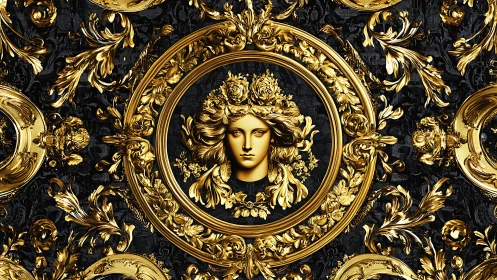 Baroque Medusa medallion amid ornate gilded scrollwork.