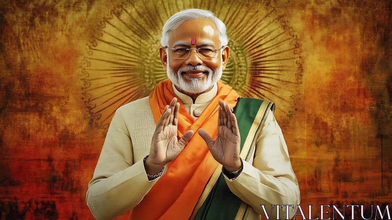 Digital portrait of an older man in saffron attire, posed.