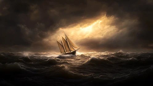 Sailing ship crosses stormy ocean under dramatic backlight