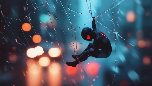 Miniature spider hero swings through neon city rainstorm.