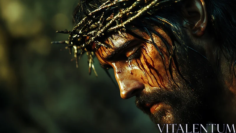 Profile view of wounded bearded man in thorn crown.