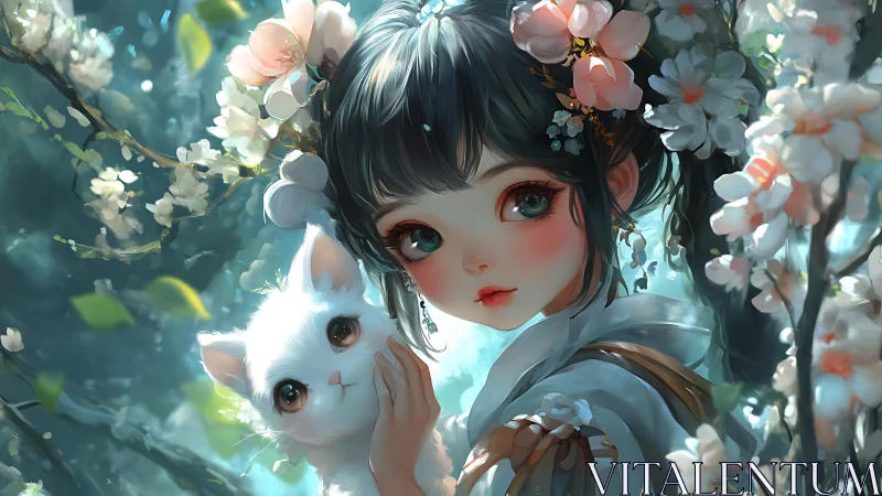 Gentle spring girl and white kitten in dreamy blossoms.